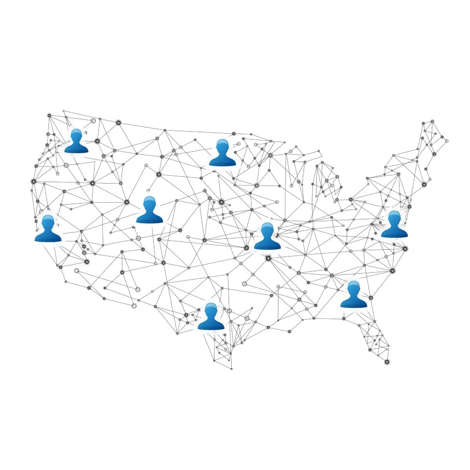 Lines connecting dots and icons of a human head across a map of the United States